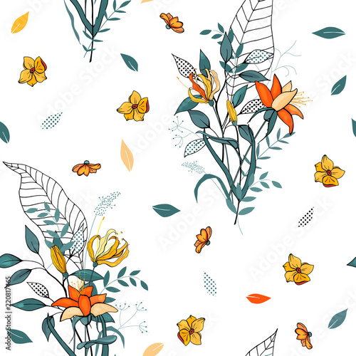 Vintage background. Wallpaper. Hand drawn. Vector illustration. Trendy floral pattern. Isolated seamless pattern.