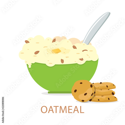Healthy breakfast. Vector illustration. Oatmeals, oat flakes with milk.