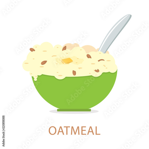 Healthy breakfast. Vector illustration. Oatmeals, oat flakes with milk.