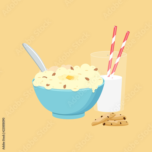 Healthy breakfast. Vector illustration. Oatmeals, oat flakes with milk.