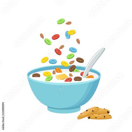 Healthy breakfast. Vector illustration. Oatmeals, oat flakes with milk.