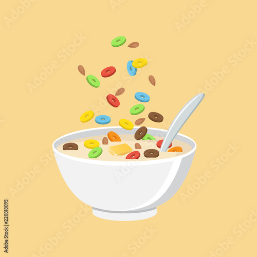 Healthy breakfast. Vector illustration. Oatmeals, oat flakes with milk.