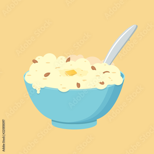 Healthy breakfast. Vector illustration. Oatmeals, oat flakes with milk.