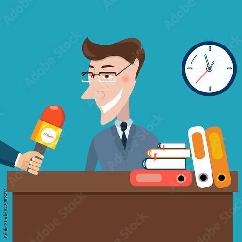 Live report, live news concept. Vector illustration. Businessman gives a reporter interview. Press conference.