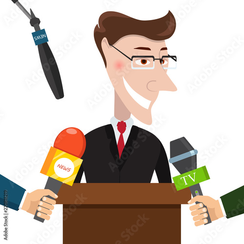 Live report, live news concept. Vector illustration. Businessman gives a reporter interview. Press conference.