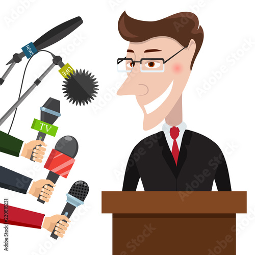 Live report, live news concept. Vector illustration. Businessman gives a reporter interview. Press conference.