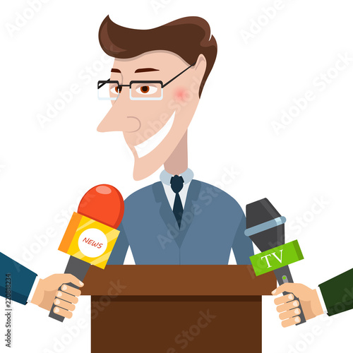 Live report, live news concept. Vector illustration. Businessman gives a reporter interview. Press conference.