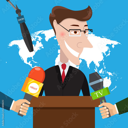 Live report, live news concept. Vector illustration. Businessman gives a reporter interview. Press conference.
