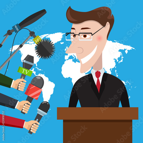 Live report, live news concept. Vector illustration. Businessman gives a reporter interview. Press conference.