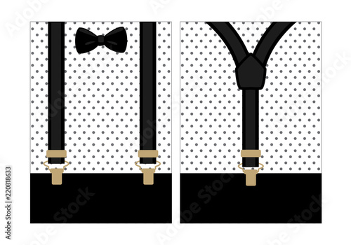 Little man/gentleman birthday party (baby shower, father's day) invite card. Vector vintage bow tie and suspenders. Front and back side. Black, white and gold - classic shirt with polka dots pattern.