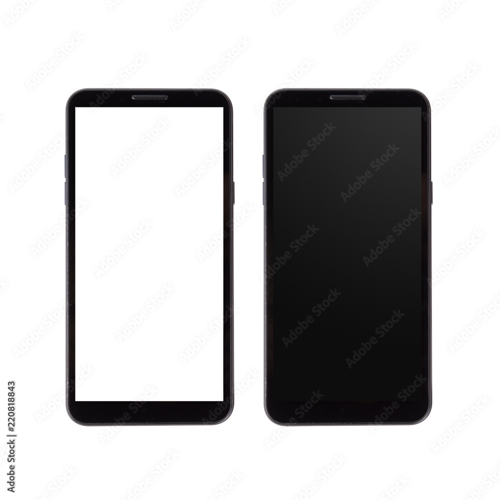 Two smart phones with black and whie screens isolated on white background. Two smart phones with black and whie screens isolated on white background.