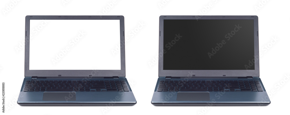 Modern two laptops with black and white screens isolated on the white background Modern two laptops with black and white screens isolated on the white background