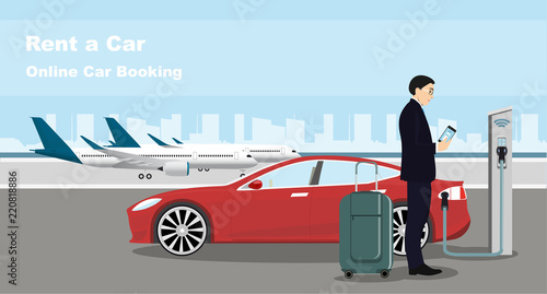Man is standing next the electric car and looks at the smart phone. The rental car is charging at the charging station for electric vehicles. Rent a car in the airport. 