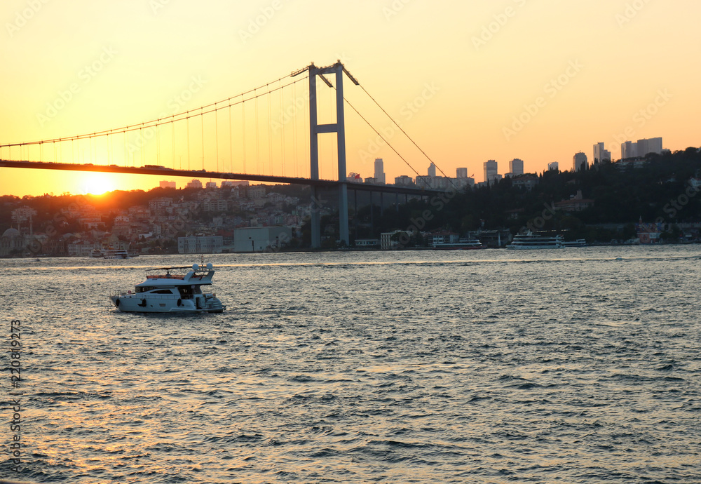 View of the Bosphorus bridge in Istanbul at Sunset, Turkey.