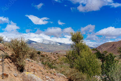 Landscape of mountains and trees under a blue sky with clouds