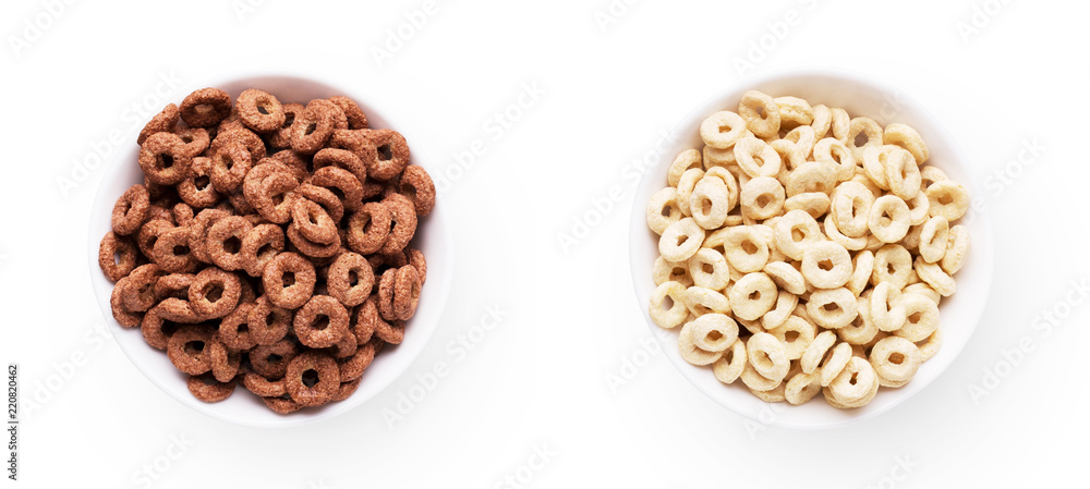 Bowl with chocolate corn rings isolated on white Bowl with chocolate corn rings isolated on white