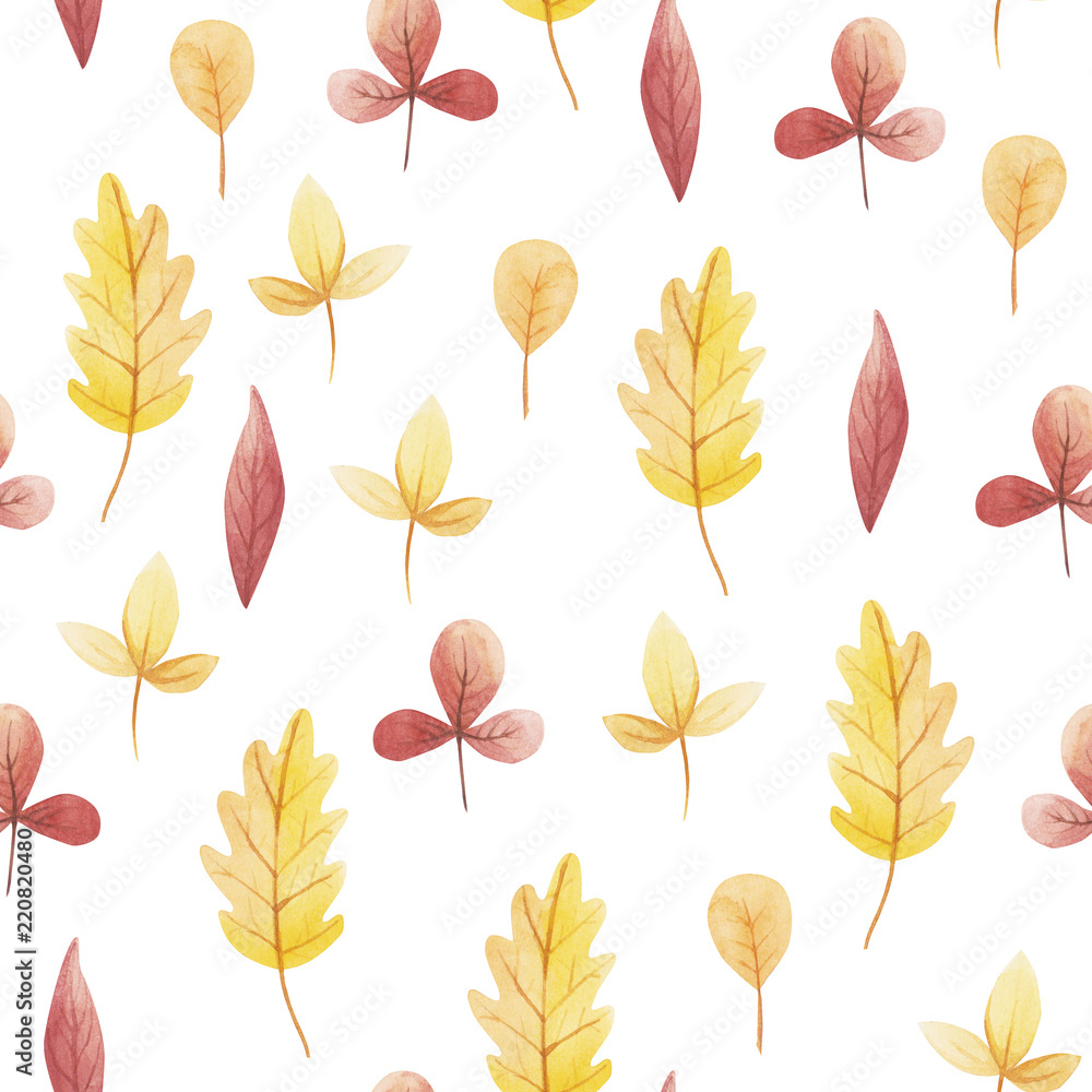 Yellow and red leaf of watercolor seamless pattern. Hello November, October, September.