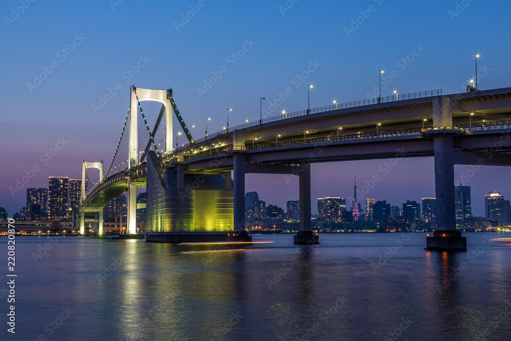 Tokyo skyline and rainbow bridge at night in Odaiba waterfront Tokyo skyline and rainbow bridge at night in Odaiba waterfront