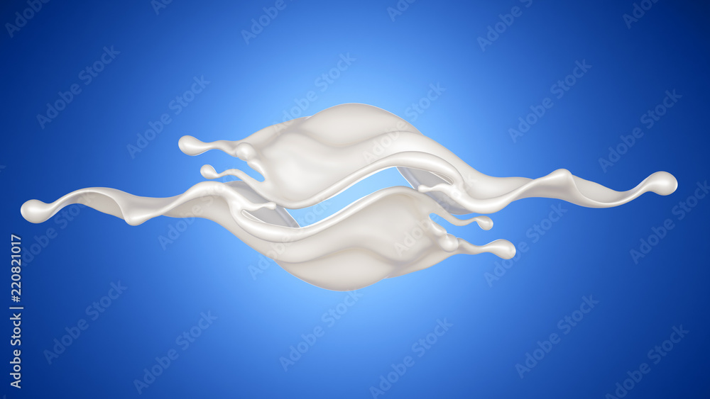 Beautiful, elegant splash of milk on a blue background. 3d illustration, 3d rendering. Beautiful, elegant splash of milk on a blue background. 3d illustration, 3d rendering.