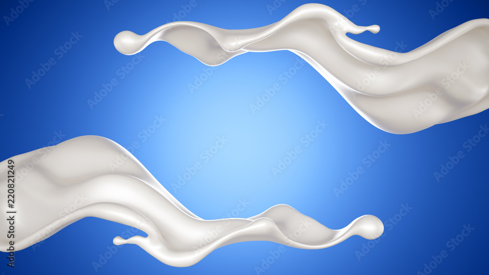 Beautiful, elegant splash of milk on a blue background. 3d illustration, 3d rendering. Beautiful, elegant splash of milk on a blue background. 3d illustration, 3d rendering.