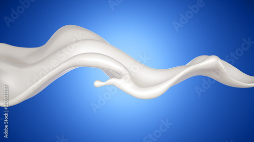 Beautiful, elegant splash of milk on a blue background. 3d illustration, 3d rendering.