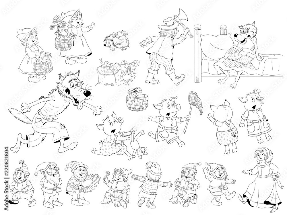 Set of cute fairy tale characters isolated on white. Coloring book. Coloring page. Cartoon Set of cute fairy tale characters isolated on white. Coloring book. Coloring page. Cartoon