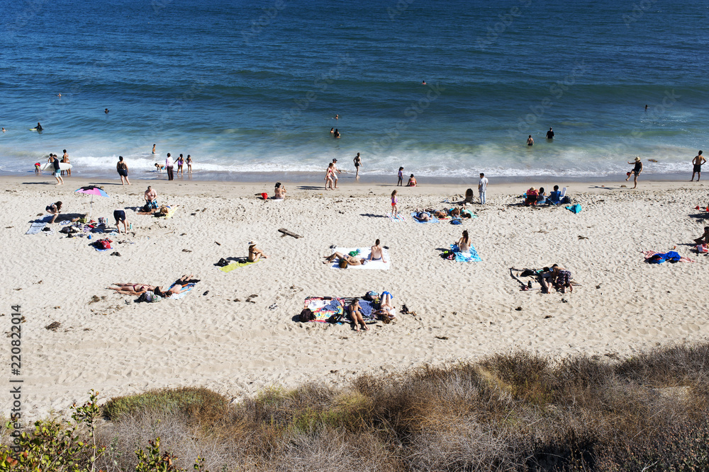 High angle view of Malibu beach and people in California in summer time