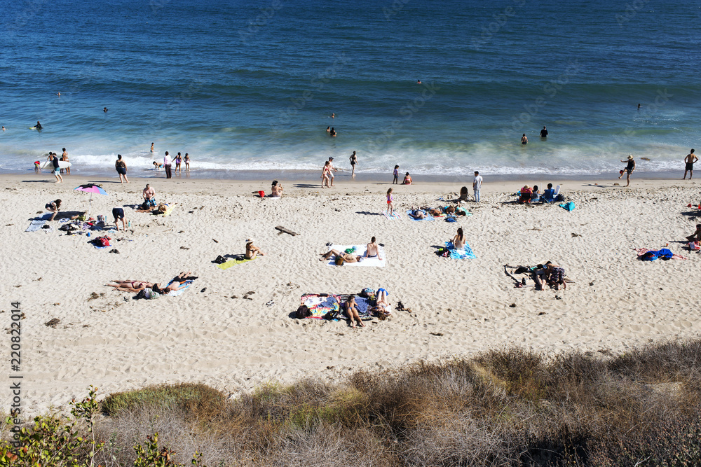High angle view of Malibu beach and people in California in summer time High angle view of Malibu beach and people in California in summer time