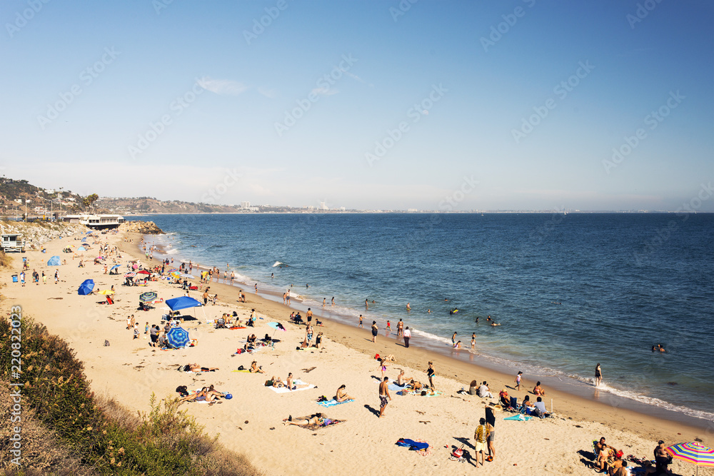 High angle view of Malibu beach and people in California in summer time