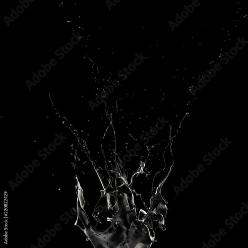 Black background with splash of liquid. 3d illustration, 3d rendering.