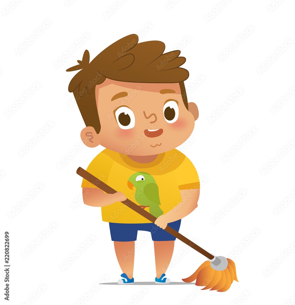 Children doing household routines - Little boy mopping floor. Concept of Montessori engaging educational activities. Cartoon vector illustration Children doing household routines - Little boy mopping floor. Concept of Montessori engaging educational activities. Cartoon vector illustration