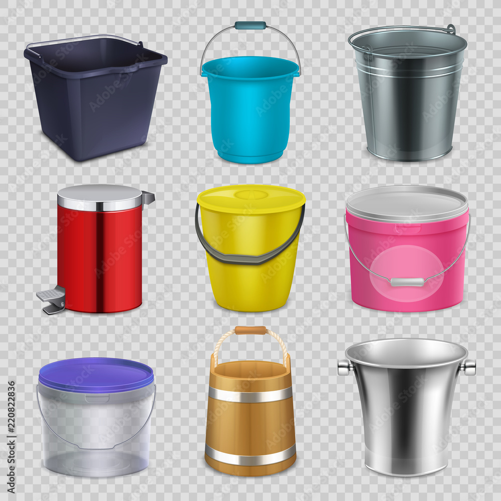 Realistic metal and plastic buckets with handle and bowls. Household container, pail vector collection isolated on white background. Bucket with handle, metal container illustration Realistic metal and plastic buckets with handle and bowls. Household container, pail vector collection isolated on white background. Bucket with handle, metal container illustration