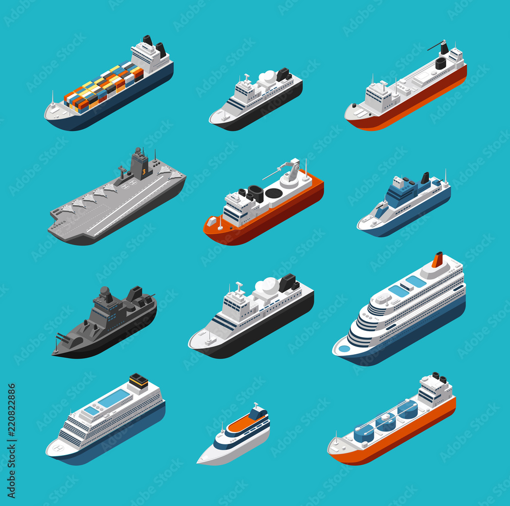 Obraz premium Passenger and cargo ships, sailing boats, yachts and vessels isometric vector transportation icons isolated. Liner and tugboat, tanker shipping, steamboat illustration