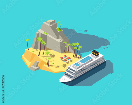 Isometric island. Paradise in ocean. 3d beach in sea. Summer holiday vector concept. Palm and beach, tropical island travel, summer paradise illustration
