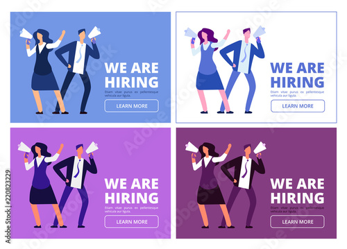 We are hiring concept. Man and woman with megaphone shouting for interview. Business recruitment vector background. Hiring human, hr and interview illustration