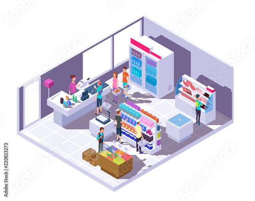 Isometric grocery store interior. Supermarket interior with shopping people and food on shelves and fridge. 3d vector illustration. Isometry indoor market with people and food