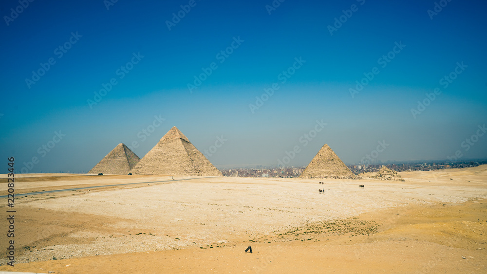 The mysterious old legacy of ancient Egypt - the Greatest wonder of the world, the Egypt pyramids and the stone Sphinx on the Giza platou in endless sands of the Sahara desert.