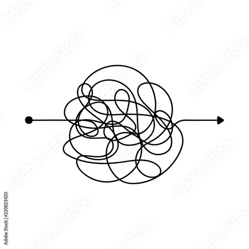 Insane messy line. Complicated clew way. Tangled scribble vector path. Chaotic difficult process way illustration photo