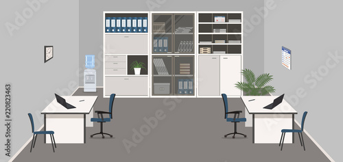 Gray office with a white furniture. There are desks, blue chairs, cabinets for documents, water cooler and flowers in the picture. Vector illustration.