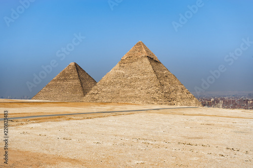 The Pyramids of Giza  the last surviving Wonders of the Ancient World  situated in Cairo  Egypt..