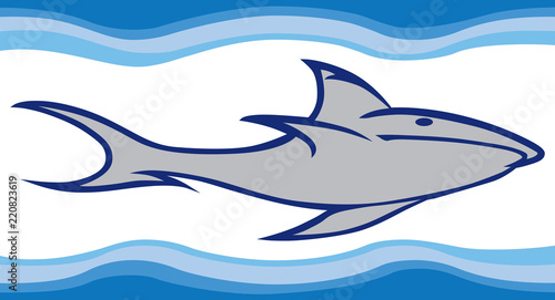 A stylized cartoon shark is swimming in the water