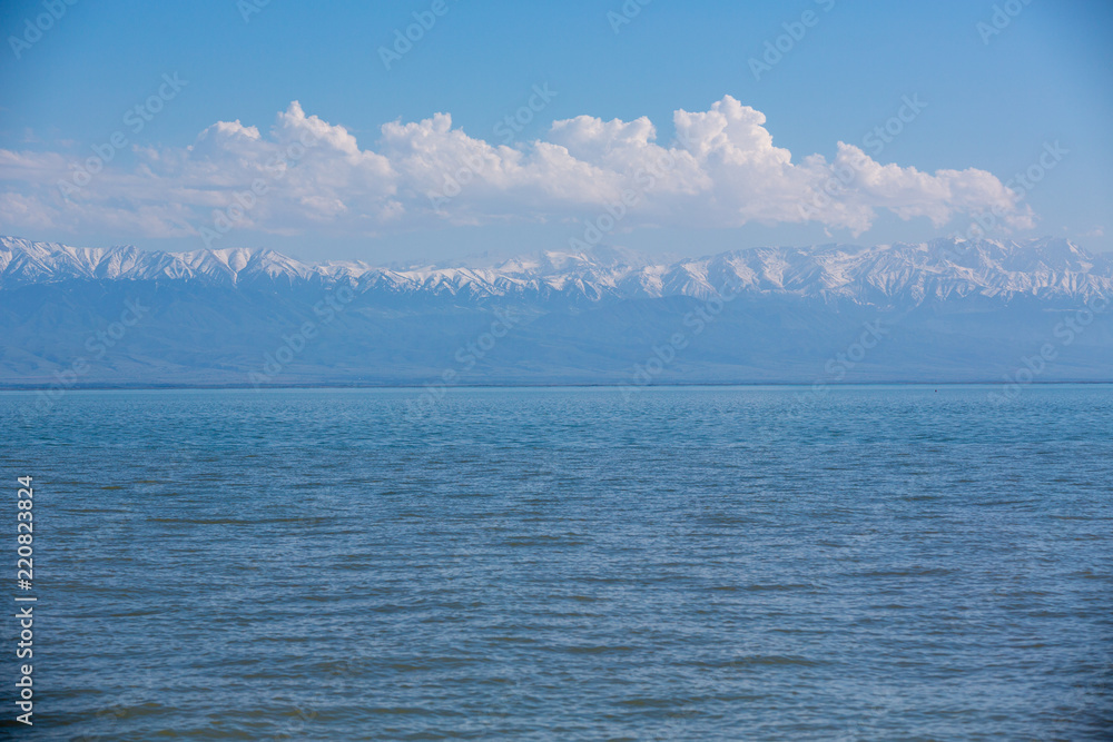 Beautiful winter seascape of Pacific ocean with big waves, and snowy mountains background.