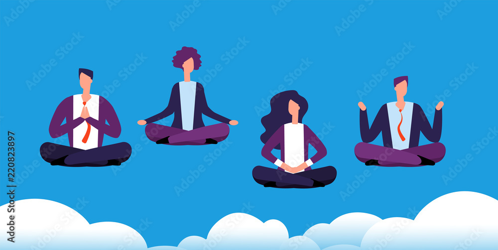 Meditation yoga group. Business team relaxing and meditating in lotus pose.  Office workers avoid stress. Vector concept meditation businessman,  illustration cartoon relax worker Stock-Vektorgrafik | Adobe Stock