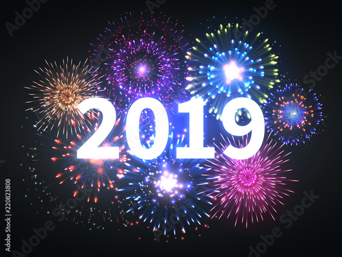 Fireworks explosion. Happy new year 2019 event banner. Pyrotechnics sparks. Festive firework celebration vector background. New year holiday, celebration firework, celebrate party with pyrotechnics