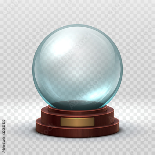 Christmas snowglobe. Crystal glass empty ball. Magic xmas holiday snow ball vector mockup isolated. Illustration of dome souvenir transparency, sphere ball transparent glossy