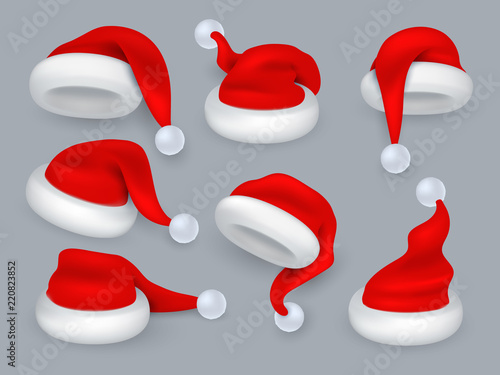 Santa hats. Christmas 3d santa claus hat, winter holiday red caps with fur. Vector realistic isolated set of santa claus hat with fur, holiday clothing illustration