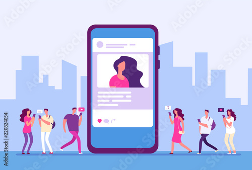 Social media concept. People follow smartphone with internet marketing, message and icons. Social communication vector background. Illustration of communication message and social community