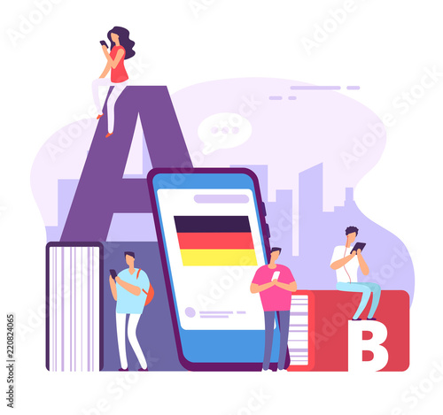 Learning foreign language. Studying and teaching languages. Education vector concept with dictionary, people and textbooks. Education with dictionary german language illustration
