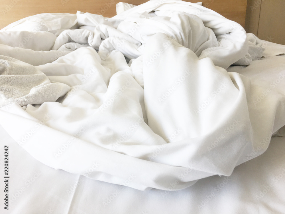 White Pillow On Bed And With Wrinkle Messy Blanket In Bedroom, From Sleeping In A Long Night Winter White Pillow On Bed And With Wrinkle Messy Blanket In Bedroom, From Sleeping In A Long Night Winter