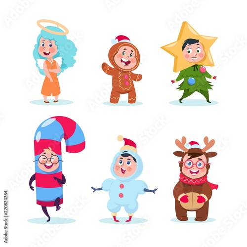 Kids in christmas costumes. Funny children celebrating xmas and winter holidays. Cartoon christmas vector characters set isolated. Cartoon christmas costume for party celebration illustration